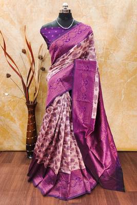 light peach purple silk blend banarasi saree with unstitched blouse piece 1
