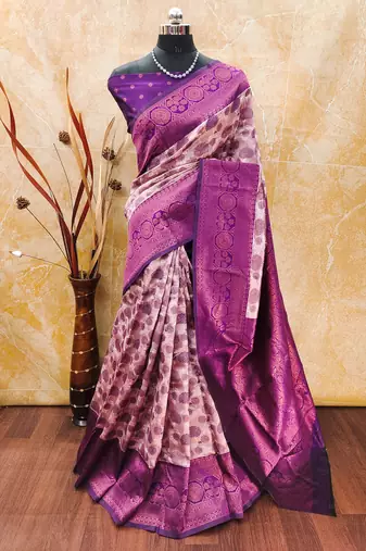 Light peach purple soft silk blend banarasi jacuard work designer party wear saree with unstitched blouse piece