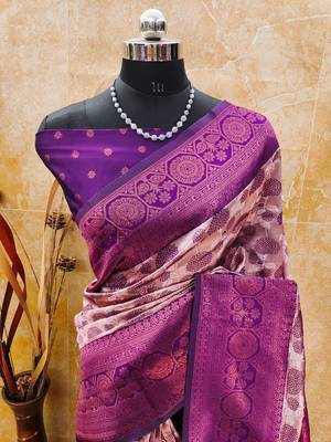 light peach purple silk blend banarasi saree with unstitched blouse piece 2