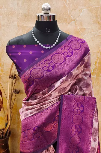 light peach purple silk blend banarasi saree with unstitched blouse piece