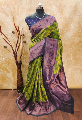 mehendi neavy blue silk blend banarasi saree with unstitched blouse piece 1