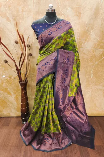 Mehendi neavy bluesoft silk blend banarasi jacuard work designer party wear saree with unstitched blouse piece