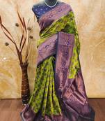 Mehendi neavy bluesoft silk blend banarasi jacuard work designer party wear saree with unstitched blouse piece