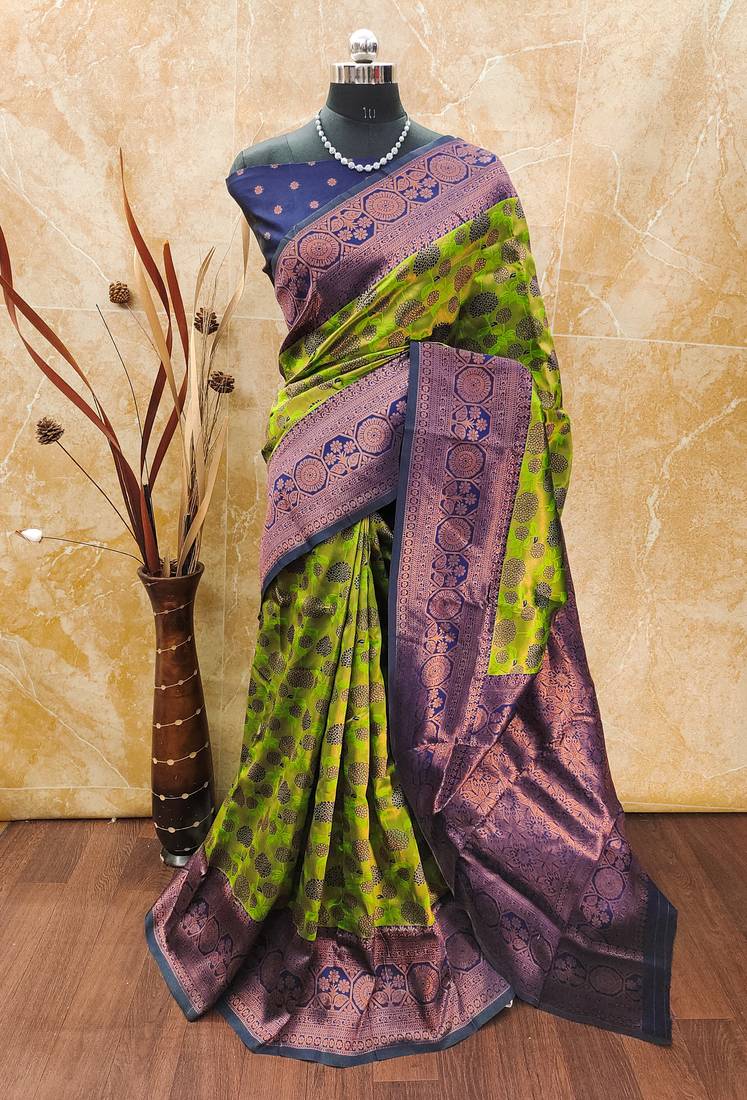 Mehendi neavy bluesoft silk blend banarasi jacuard work designer party wear saree with unstitched blouse piece