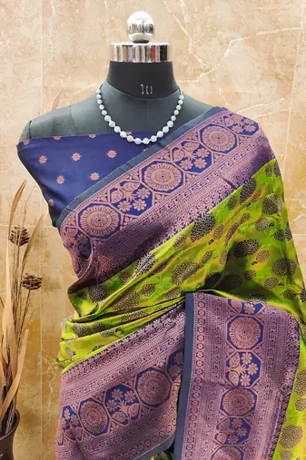 mehendi neavy blue silk blend banarasi saree with unstitched blouse piece