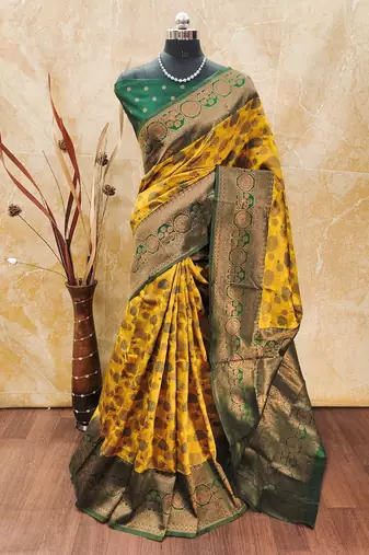 Yellow green soft silk blend banarasi jacuard work designer party wear saree with unstitched blouse piece