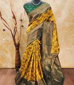 Yellow green soft silk blend banarasi jacuard work designer party wear saree with unstitched blouse piece