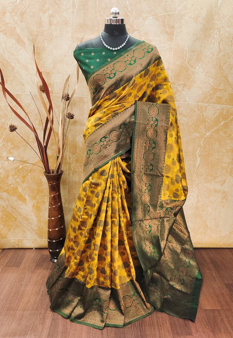 Yellow green soft silk blend banarasi jacuard work designer party wear saree with unstitched blouse piece