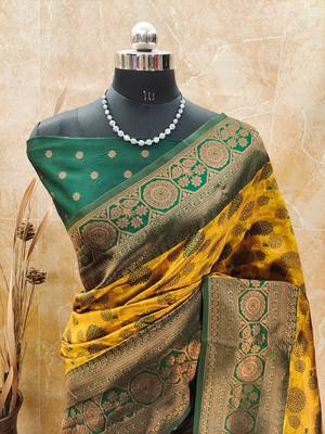 yellow green silk blend banarasi saree with unstitched blouse piece 2