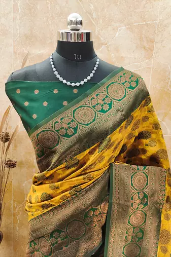 yellow green silk blend banarasi saree with unstitched blouse piece