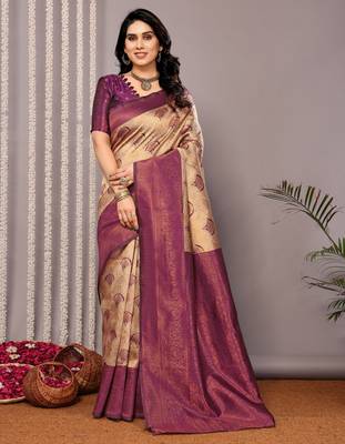 cream wine silk blend banarasi saree with unstitched blouse piece 1