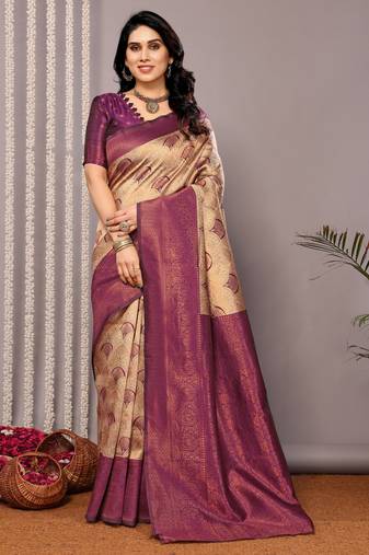 Cream wine soft silk blend banarasi jacuard work designer party wear saree with unstitched blouse piece