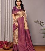 Cream wine soft silk blend banarasi jacuard work designer party wear saree with unstitched blouse piece