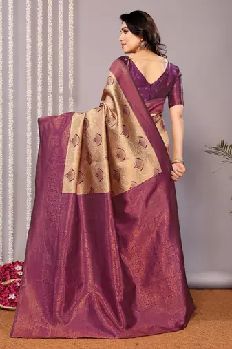 cream wine silk blend banarasi saree with unstitched blouse piece