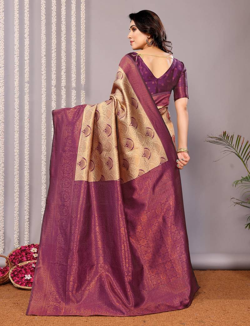 Cream wine soft silk blend banarasi jacuard work designer party wear saree with unstitched blouse piece