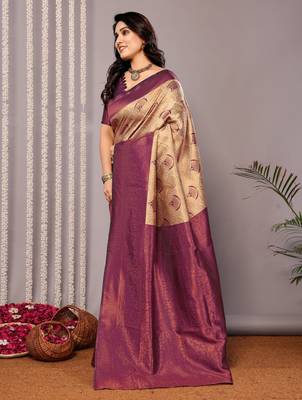 cream wine silk blend banarasi saree with unstitched blouse piece 3