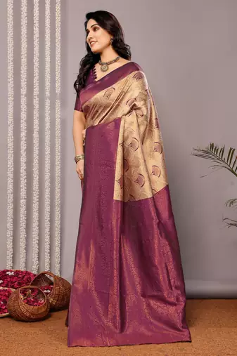 cream wine silk blend banarasi saree with unstitched blouse piece