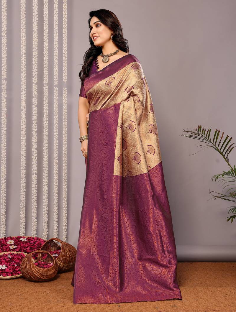 Cream wine soft silk blend banarasi jacuard work designer party wear saree with unstitched blouse piece