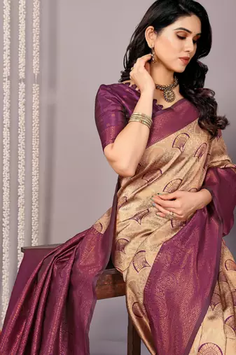 cream wine silk blend banarasi saree with unstitched blouse piece