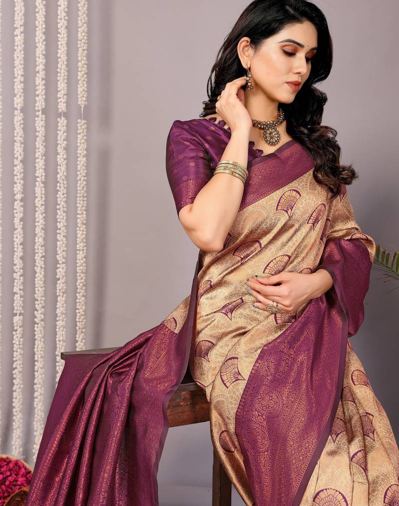 Cream wine soft silk blend banarasi jacuard work designer party wear saree with unstitched blouse piece