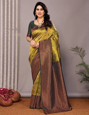 parrot green oft silk blend banarasi saree with unstitched blouse piece 2