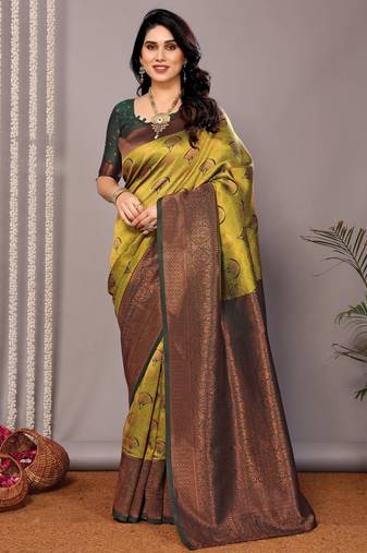 Parrot green soft silk blend banarasi jacuard work designer party wear saree with unstitched blouse piece
