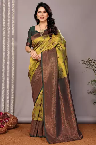 Parrot green soft silk blend banarasi jacuard work designer party wear saree with unstitched blouse piece