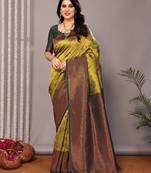 Parrot green soft silk blend banarasi jacuard work designer party wear saree with unstitched blouse piece