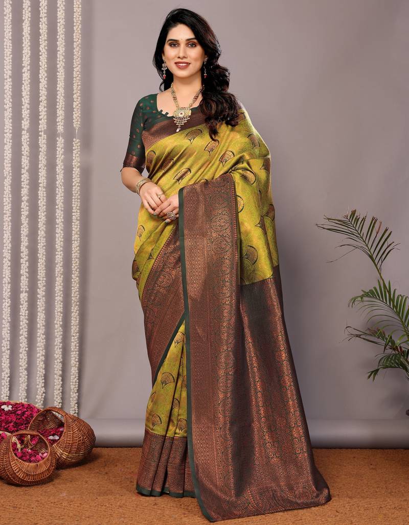 Parrot green soft silk blend banarasi jacuard work designer party wear saree with unstitched blouse piece