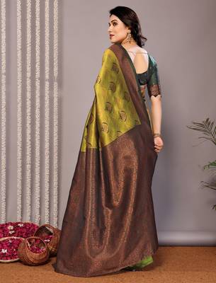 parrot green oft silk blend banarasi saree with unstitched blouse piece 3
