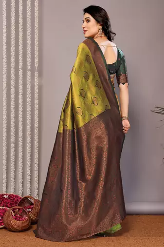 parrot green oft silk blend banarasi saree with unstitched blouse piece