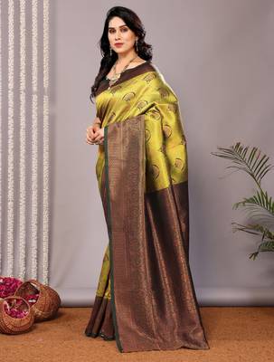 parrot green oft silk blend banarasi saree with unstitched blouse piece 4