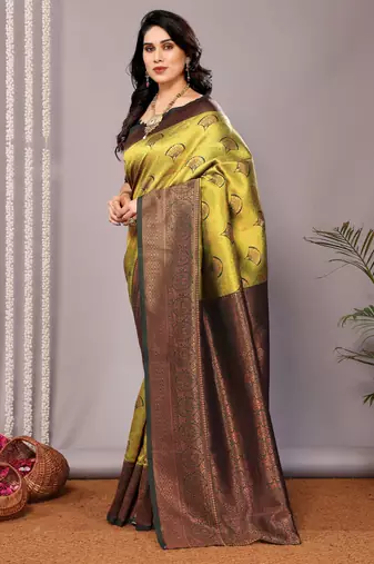 parrot green oft silk blend banarasi saree with unstitched blouse piece