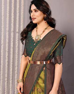 parrot green oft silk blend banarasi saree with unstitched blouse piece 1