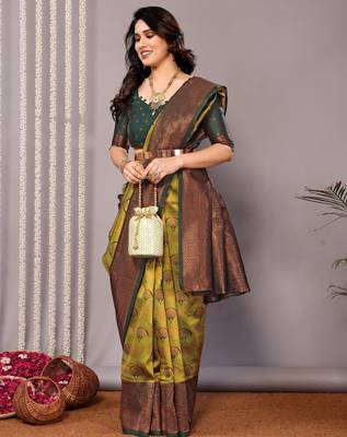 parrot green oft silk blend banarasi saree with unstitched blouse piece 5
