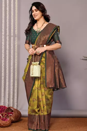 parrot green oft silk blend banarasi saree with unstitched blouse piece