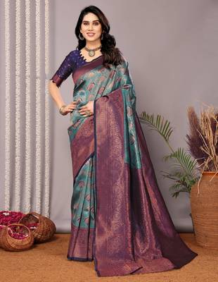 rama neavyblue silk blend banarasi saree with unstitched blouse piece 1