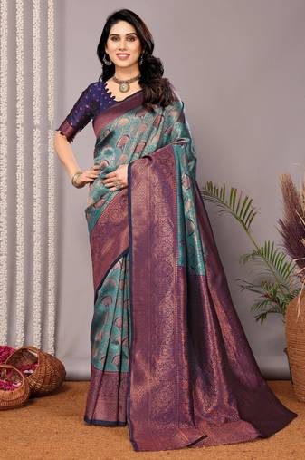 rama neavyblue  soft art silk blend banarasi jacuard work designer party wear saree with unstitched blouse piece