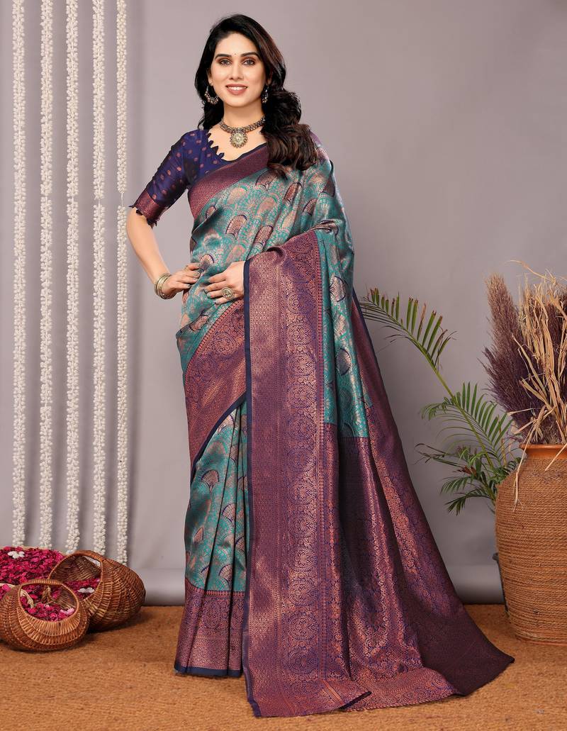 Rama neavyblue  soft silk blend banarasi jacuard work designer party wear saree with unstitched blouse piece