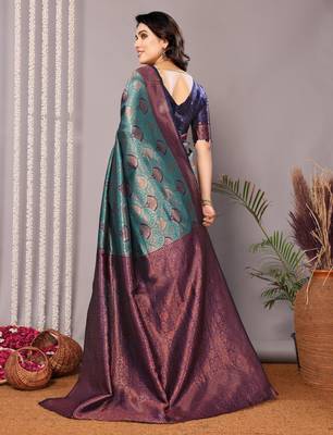rama neavyblue silk blend banarasi saree with unstitched blouse piece 2