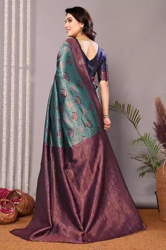 rama neavyblue silk blend banarasi saree with unstitched blouse piece