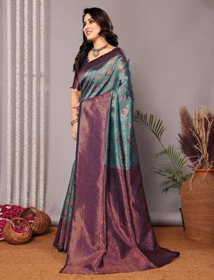 rama neavyblue silk blend banarasi saree with unstitched blouse piece 3