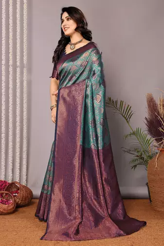 rama neavyblue silk blend banarasi saree with unstitched blouse piece