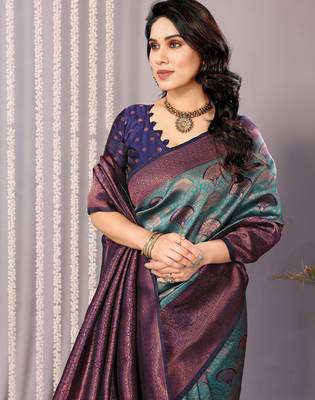 rama neavyblue silk blend banarasi saree with unstitched blouse piece 4