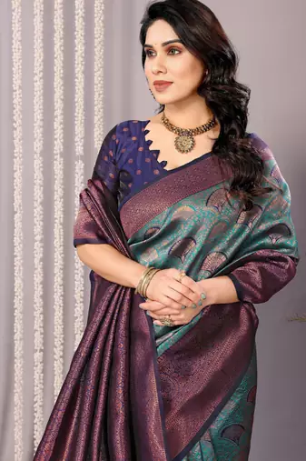 rama neavyblue silk blend banarasi saree with unstitched blouse piece