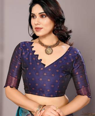 rama neavyblue silk blend banarasi saree with unstitched blouse piece 5