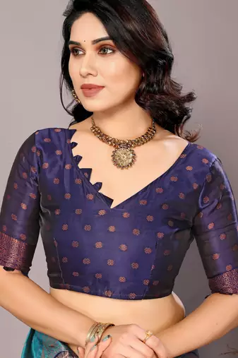 rama neavyblue silk blend banarasi saree with unstitched blouse piece