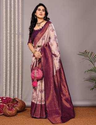 wine silk blend banarasi saree with unstitched blouse piece 1