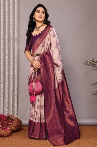 wine soft art silk blend banarasi jacuard work designer party wear saree with unstitched blouse piece