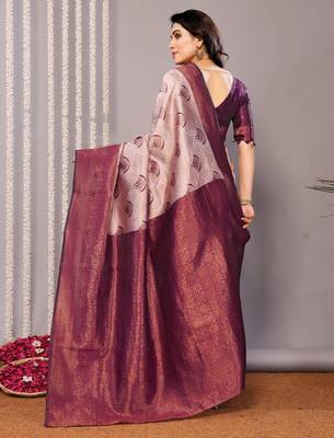 wine silk blend banarasi saree with unstitched blouse piece 2